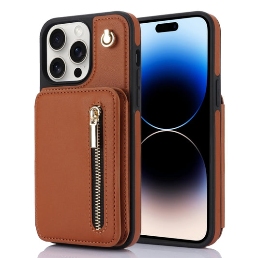 For iPhone 14 Pro YM006 Skin Feel Zipper Card Bag Phone Case with Dual Lanyard(Brown) - iPhone 14 Pro Cases by buy2fix | Online Shopping UK | buy2fix