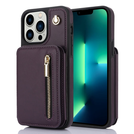 For iPhone 13 Pro Max YM006 Skin Feel Zipper Card Bag Phone Case with Dual Lanyard(Dark Purple) - iPhone 13 Pro Max Cases by buy2fix | Online Shopping UK | buy2fix