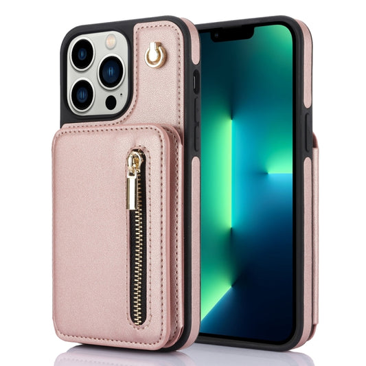 For iPhone 13 Pro Max YM006 Skin Feel Zipper Card Bag Phone Case with Dual Lanyard(Rose Gold) - iPhone 13 Pro Max Cases by buy2fix | Online Shopping UK | buy2fix