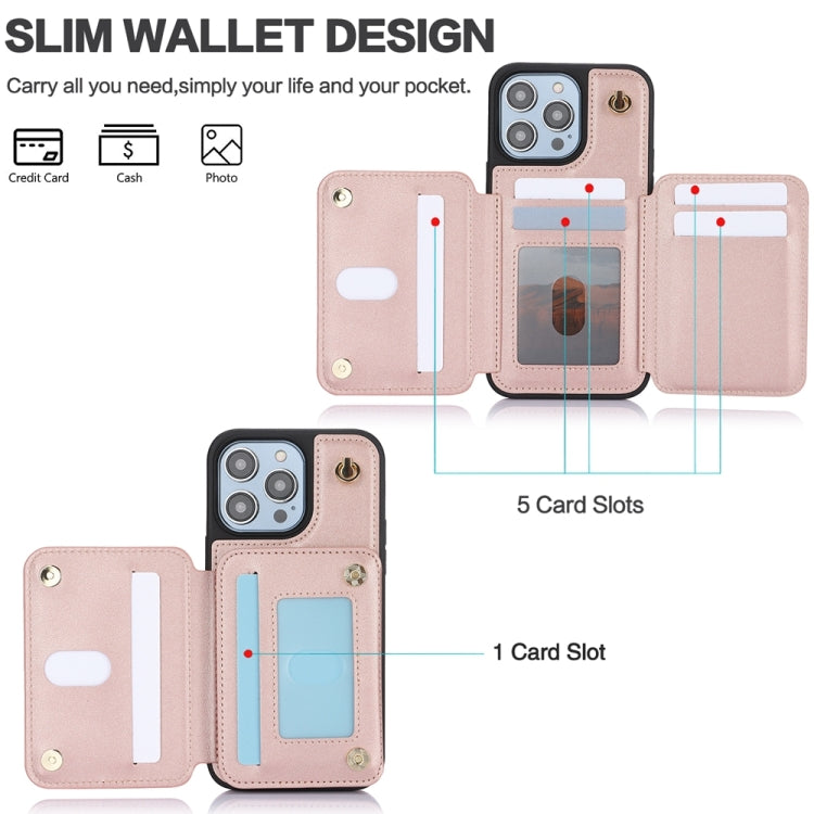 For iPhone 13 Pro Max YM006 Skin Feel Zipper Card Bag Phone Case with Dual Lanyard(Rose Gold) - iPhone 13 Pro Max Cases by buy2fix | Online Shopping UK | buy2fix
