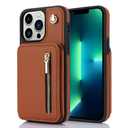 For iPhone 13 Pro Max YM006 Skin Feel Zipper Card Bag Phone Case with Dual Lanyard(Brown) - iPhone 13 Pro Max Cases by buy2fix | Online Shopping UK | buy2fix