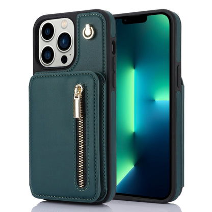 For iPhone 13 Pro Max YM006 Skin Feel Zipper Card Bag Phone Case with Dual Lanyard(Green) - iPhone 13 Pro Max Cases by buy2fix | Online Shopping UK | buy2fix