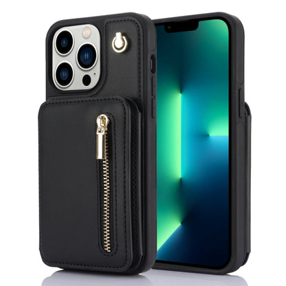For iPhone 13 Pro YM006 Skin Feel Zipper Card Bag Phone Case with Dual Lanyard(Black) - iPhone 13 Pro Cases by buy2fix | Online Shopping UK | buy2fix