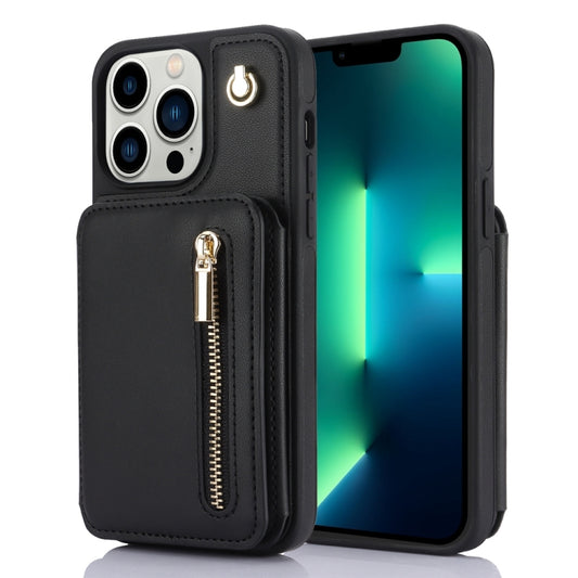 For iPhone 13 Pro YM006 Skin Feel Zipper Card Bag Phone Case with Dual Lanyard(Black) - iPhone 13 Pro Cases by buy2fix | Online Shopping UK | buy2fix