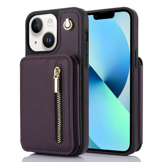 For iPhone 13 YM006 Skin Feel Zipper Card Bag Phone Case with Dual Lanyard(Dark Purple) - iPhone 13 Cases by buy2fix | Online Shopping UK | buy2fix
