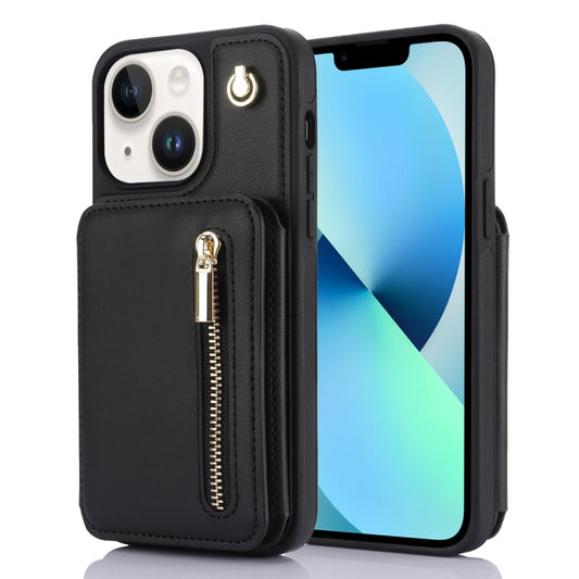 For iPhone 13 YM006 Skin Feel Zipper Card Bag Phone Case with Dual Lanyard(Black) - iPhone 13 Cases by buy2fix | Online Shopping UK | buy2fix