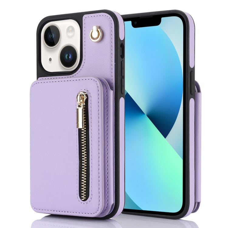 For iPhone 13 YM006 Skin Feel Zipper Card Bag Phone Case with Dual Lanyard(Light Purple) - iPhone 13 Cases by buy2fix | Online Shopping UK | buy2fix