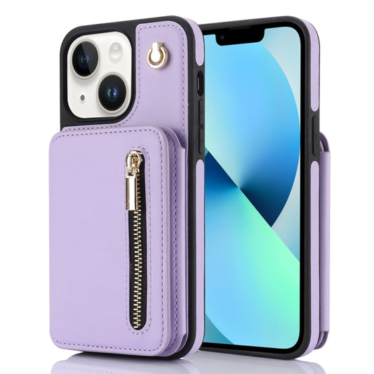For iPhone 13 YM006 Skin Feel Zipper Card Bag Phone Case with Dual Lanyard(Light Purple) - iPhone 13 Cases by buy2fix | Online Shopping UK | buy2fix
