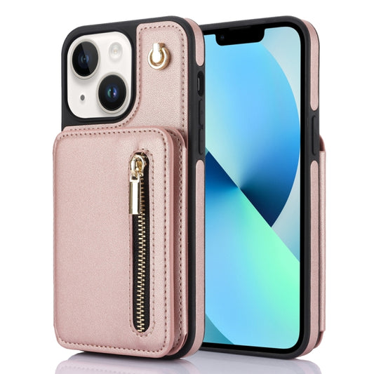 For iPhone 13 YM006 Skin Feel Zipper Card Bag Phone Case with Dual Lanyard(Rose Gold) - iPhone 13 Cases by buy2fix | Online Shopping UK | buy2fix
