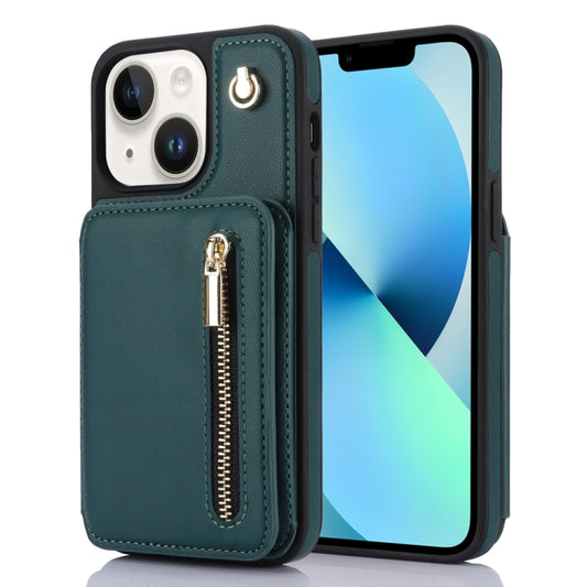 For iPhone 13 YM006 Skin Feel Zipper Card Bag Phone Case with Dual Lanyard(Green) - iPhone 13 Cases by buy2fix | Online Shopping UK | buy2fix