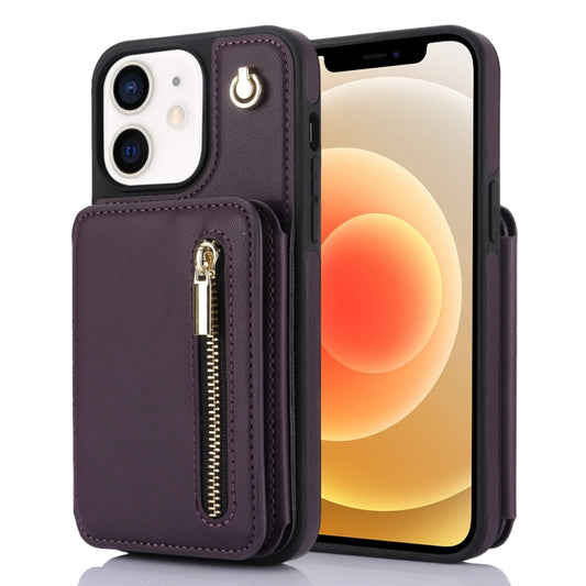 For iPhone 12 / 12 Pro YM006 Skin Feel Zipper Card Bag Phone Case with Dual Lanyard(Dark Purple) - iPhone 12 / 12 Pro Cases by buy2fix | Online Shopping UK | buy2fix
