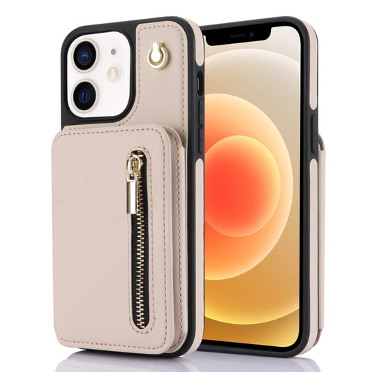 For iPhone 12 / 12 Pro YM006 Skin Feel Zipper Card Bag Phone Case with Dual Lanyard(Apricot) - iPhone 12 / 12 Pro Cases by buy2fix | Online Shopping UK | buy2fix