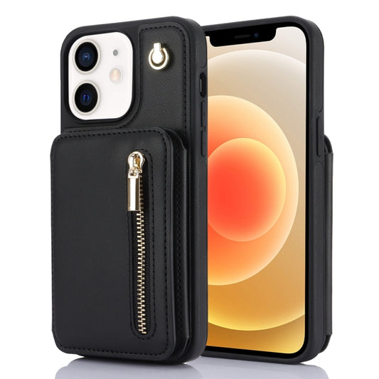 For iPhone 12 / 12 Pro YM006 Skin Feel Zipper Card Bag Phone Case with Dual Lanyard(Black) - iPhone 12 / 12 Pro Cases by buy2fix | Online Shopping UK | buy2fix