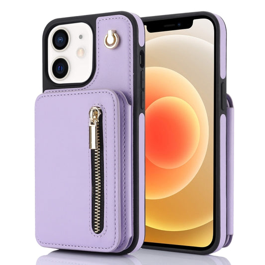 For iPhone 12 / 12 Pro YM006 Skin Feel Zipper Card Bag Phone Case with Dual Lanyard(Light Purple) - iPhone 12 / 12 Pro Cases by buy2fix | Online Shopping UK | buy2fix