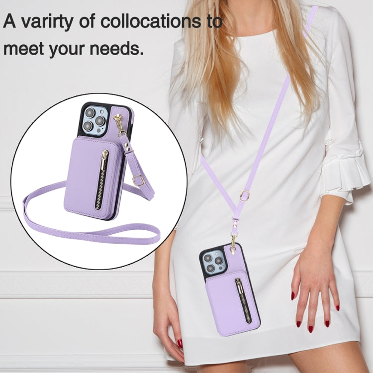 For iPhone 12 / 12 Pro YM006 Skin Feel Zipper Card Bag Phone Case with Dual Lanyard(Light Purple) - iPhone 12 / 12 Pro Cases by buy2fix | Online Shopping UK | buy2fix
