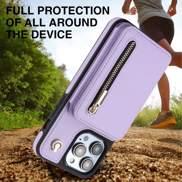 For iPhone 12 / 12 Pro YM006 Skin Feel Zipper Card Bag Phone Case with Dual Lanyard(Light Purple) - iPhone 12 / 12 Pro Cases by buy2fix | Online Shopping UK | buy2fix