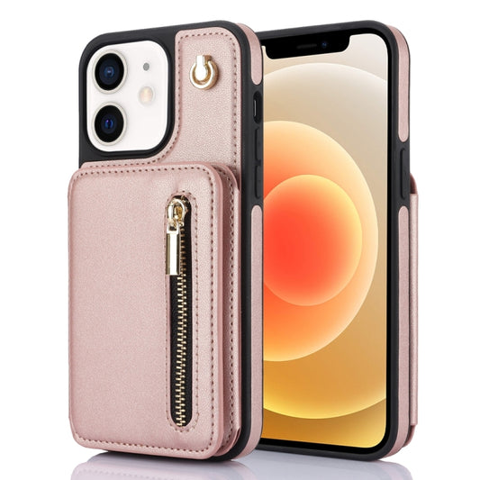 For iPhone 12 / 12 Pro YM006 Skin Feel Zipper Card Bag Phone Case with Dual Lanyard(Rose Gold) - iPhone 12 / 12 Pro Cases by buy2fix | Online Shopping UK | buy2fix