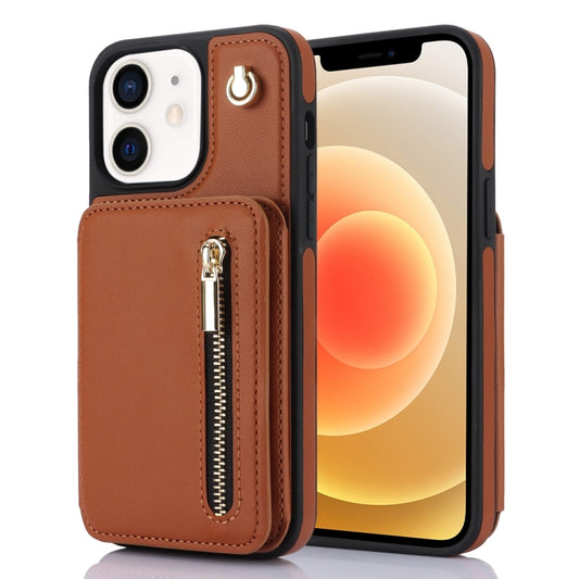For iPhone 12 / 12 Pro YM006 Skin Feel Zipper Card Bag Phone Case with Dual Lanyard(Brown) - iPhone 12 / 12 Pro Cases by buy2fix | Online Shopping UK | buy2fix