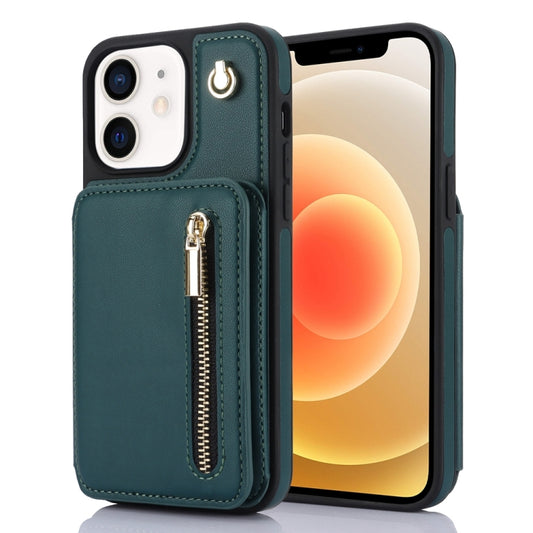 For iPhone 12 / 12 Pro YM006 Skin Feel Zipper Card Bag Phone Case with Dual Lanyard(Green) - iPhone 12 / 12 Pro Cases by buy2fix | Online Shopping UK | buy2fix