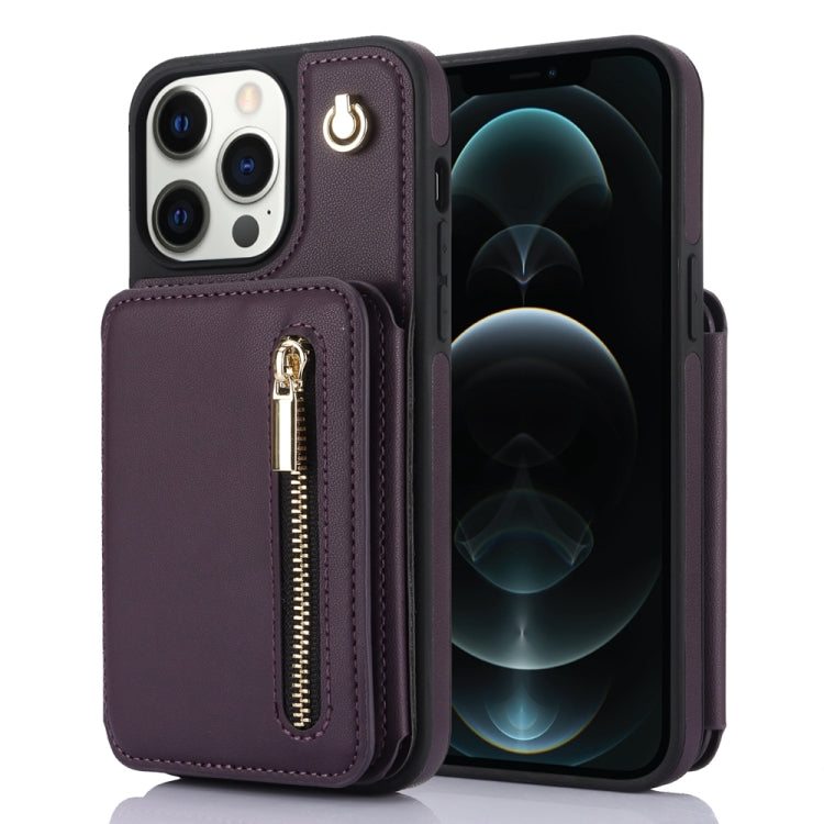 For iPhone 12 Pro Max YM006 Skin Feel Zipper Card Bag Phone Case with Dual Lanyard(Dark Purple) - iPhone 12 Pro Max Cases by buy2fix | Online Shopping UK | buy2fix