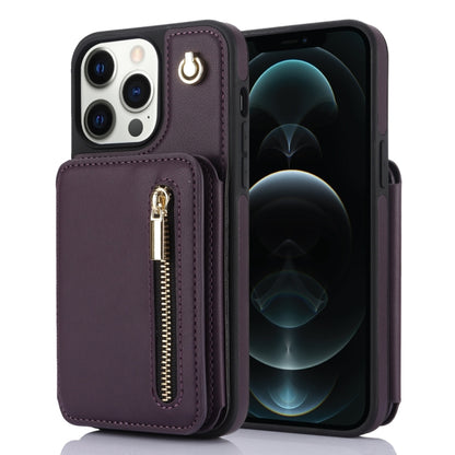 For iPhone 12 Pro Max YM006 Skin Feel Zipper Card Bag Phone Case with Dual Lanyard(Dark Purple) - iPhone 12 Pro Max Cases by buy2fix | Online Shopping UK | buy2fix