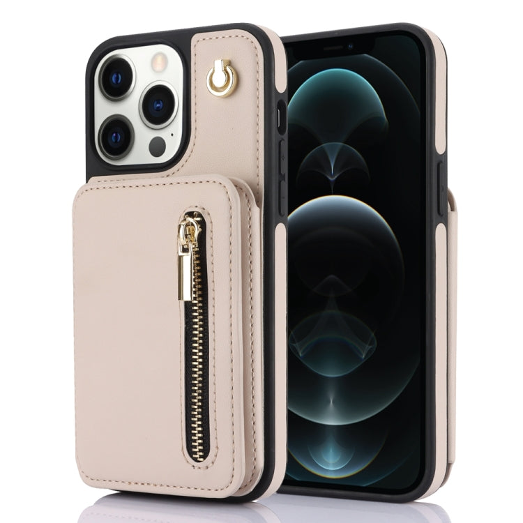 For iPhone 12 Pro Max YM006 Skin Feel Zipper Card Bag Phone Case with Dual Lanyard(Apricot) - iPhone 12 Pro Max Cases by buy2fix | Online Shopping UK | buy2fix