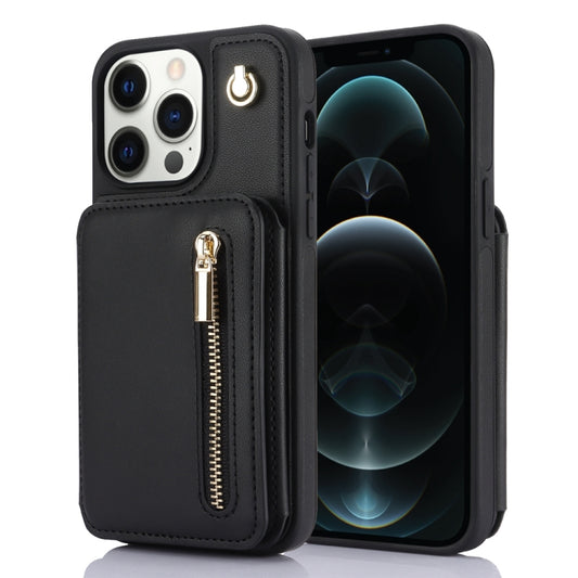 For iPhone 12 Pro Max YM006 Skin Feel Zipper Card Bag Phone Case with Dual Lanyard(Black) - iPhone 12 Pro Max Cases by buy2fix | Online Shopping UK | buy2fix