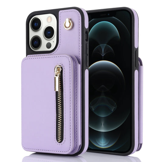 For iPhone 12 Pro Max YM006 Skin Feel Zipper Card Bag Phone Case with Dual Lanyard(Light Purple) - iPhone 12 Pro Max Cases by buy2fix | Online Shopping UK | buy2fix