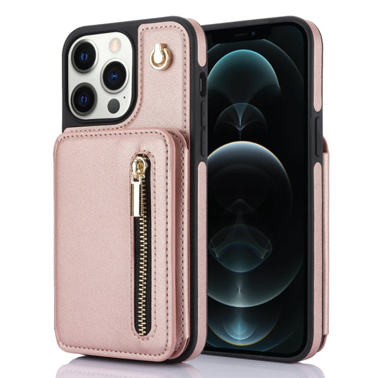 For iPhone 12 Pro Max YM006 Skin Feel Zipper Card Bag Phone Case with Dual Lanyard(Rose Gold) - iPhone 12 Pro Max Cases by buy2fix | Online Shopping UK | buy2fix