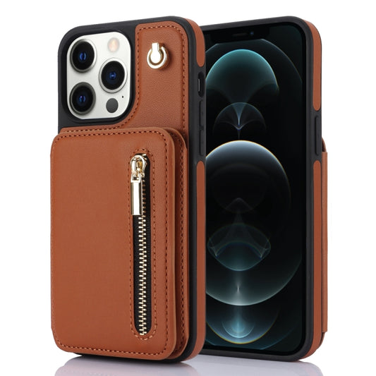 For iPhone 12 Pro Max YM006 Skin Feel Zipper Card Bag Phone Case with Dual Lanyard(Brown) - iPhone 12 Pro Max Cases by buy2fix | Online Shopping UK | buy2fix