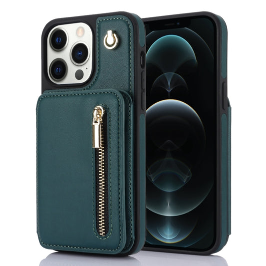 For iPhone 12 Pro Max YM006 Skin Feel Zipper Card Bag Phone Case with Dual Lanyard(Green) - iPhone 12 Pro Max Cases by buy2fix | Online Shopping UK | buy2fix