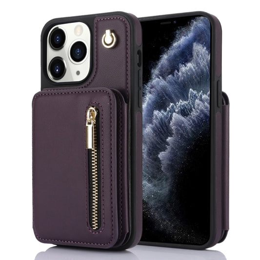 For iPhone 11 Pro Max YM006 Skin Feel Zipper Card Bag Phone Case with Dual Lanyard(Dark Purple) - iPhone 11 Pro Max Cases by buy2fix | Online Shopping UK | buy2fix