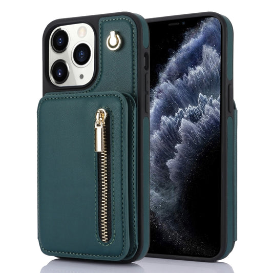 For iPhone 11 Pro Max YM006 Skin Feel Zipper Card Bag Phone Case with Dual Lanyard(Green) - iPhone 11 Pro Max Cases by buy2fix | Online Shopping UK | buy2fix