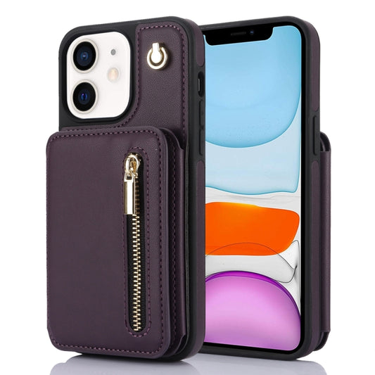 For iPhone 11 YM006 Skin Feel Zipper Card Bag Phone Case with Dual Lanyard(Dark Purple) - iPhone 11 Cases by buy2fix | Online Shopping UK | buy2fix