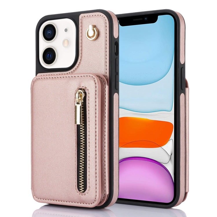 For iPhone 11 YM006 Skin Feel Zipper Card Bag Phone Case with Dual Lanyard(Rose Gold) - iPhone 11 Cases by buy2fix | Online Shopping UK | buy2fix