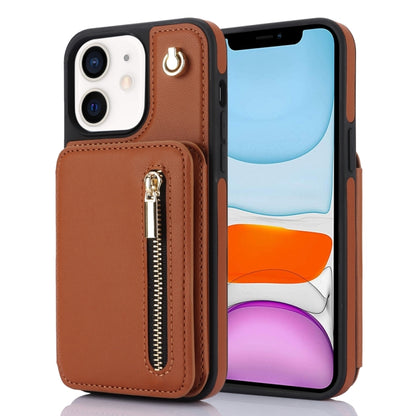 For iPhone 11 YM006 Skin Feel Zipper Card Bag Phone Case with Dual Lanyard(Brown) - iPhone 11 Cases by buy2fix | Online Shopping UK | buy2fix