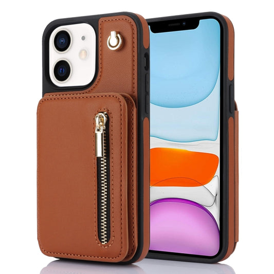 For iPhone 11 YM006 Skin Feel Zipper Card Bag Phone Case with Dual Lanyard(Brown) - iPhone 11 Cases by buy2fix | Online Shopping UK | buy2fix