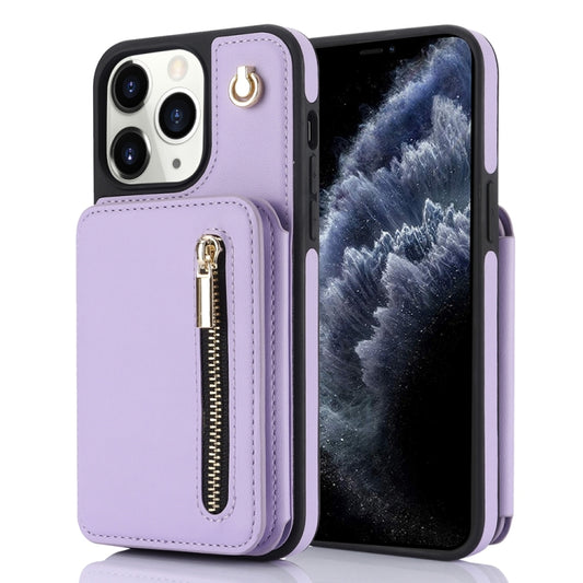 For iPhone 11 Pro YM006 Skin Feel Zipper Card Bag Phone Case with Dual Lanyard(Light Purple) - iPhone 11 Pro Cases by buy2fix | Online Shopping UK | buy2fix