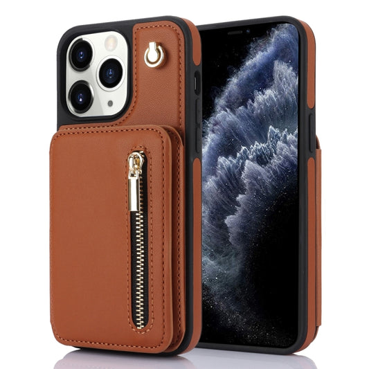 For iPhone 11 Pro YM006 Skin Feel Zipper Card Bag Phone Case with Dual Lanyard(Brown) - iPhone 11 Pro Cases by buy2fix | Online Shopping UK | buy2fix