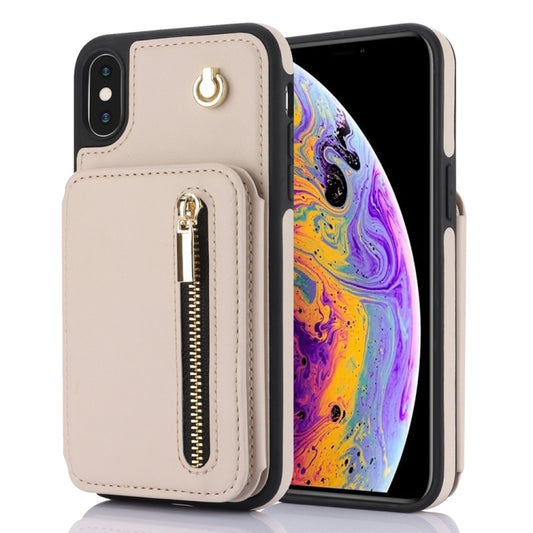 For iPhone X / XS YM006 Skin Feel Zipper Card Bag Phone Case with Dual Lanyard(Apricot) - More iPhone Cases by buy2fix | Online Shopping UK | buy2fix