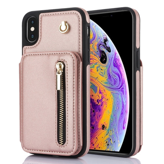 For iPhone X / XS YM006 Skin Feel Zipper Card Bag Phone Case with Dual Lanyard(Rose Gold) - More iPhone Cases by buy2fix | Online Shopping UK | buy2fix