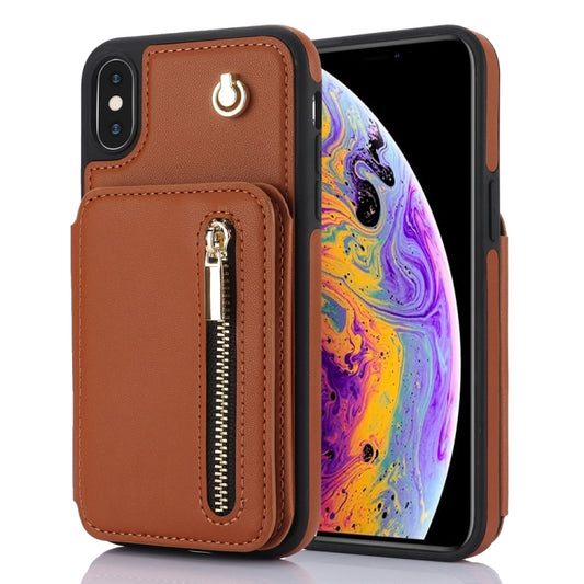 For iPhone X / XS YM006 Skin Feel Zipper Card Bag Phone Case with Dual Lanyard(Brown) - More iPhone Cases by buy2fix | Online Shopping UK | buy2fix