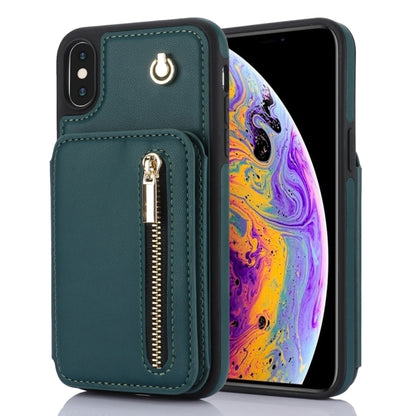 For iPhone X / XS YM006 Skin Feel Zipper Card Bag Phone Case with Dual Lanyard(Green) - More iPhone Cases by buy2fix | Online Shopping UK | buy2fix