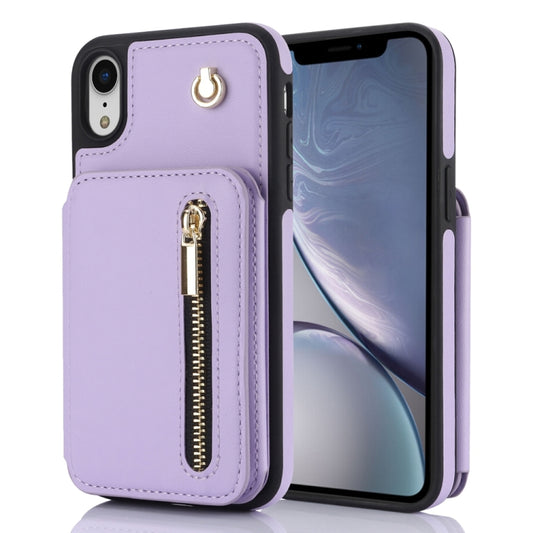 For iPhone XR YM006 Skin Feel Zipper Card Bag Phone Case with Dual Lanyard(Light Purple) - More iPhone Cases by buy2fix | Online Shopping UK | buy2fix