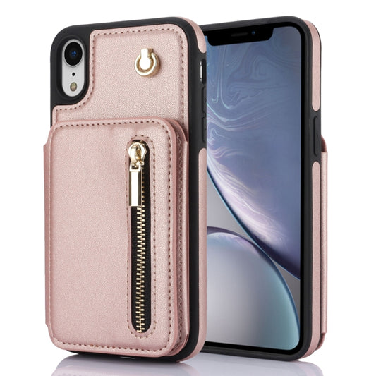 For iPhone XR YM006 Skin Feel Zipper Card Bag Phone Case with Dual Lanyard(Rose Gold) - More iPhone Cases by buy2fix | Online Shopping UK | buy2fix