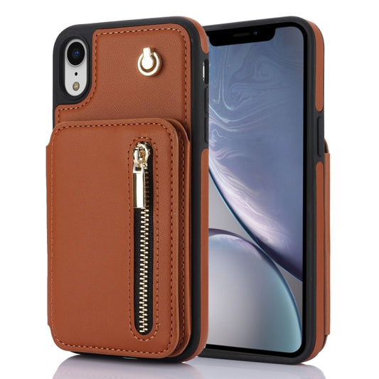 For iPhone XR YM006 Skin Feel Zipper Card Bag Phone Case with Dual Lanyard(Brown) - More iPhone Cases by buy2fix | Online Shopping UK | buy2fix