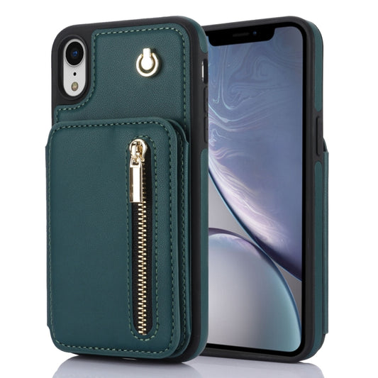 For iPhone XR YM006 Skin Feel Zipper Card Bag Phone Case with Dual Lanyard(Green) - More iPhone Cases by buy2fix | Online Shopping UK | buy2fix
