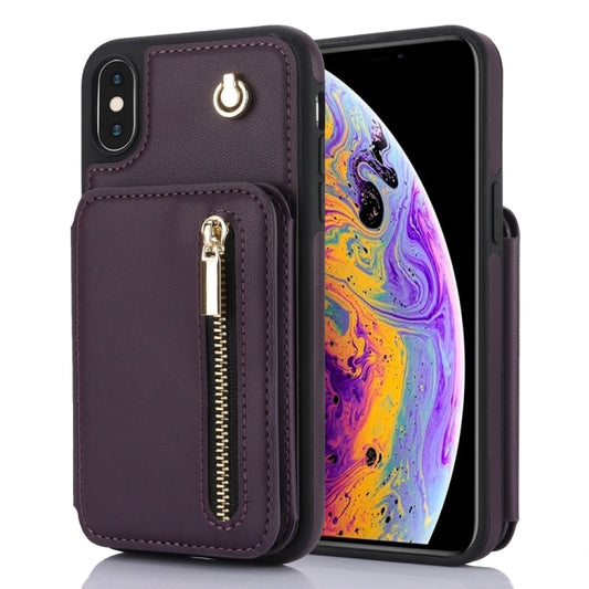 For iPhone XS Max YM006 Skin Feel Zipper Card Bag Phone Case with Dual Lanyard(Dark Purple) - More iPhone Cases by buy2fix | Online Shopping UK | buy2fix