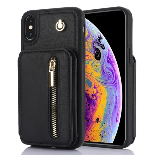 For iPhone XS Max YM006 Skin Feel Zipper Card Bag Phone Case with Dual Lanyard(Black) - More iPhone Cases by buy2fix | Online Shopping UK | buy2fix