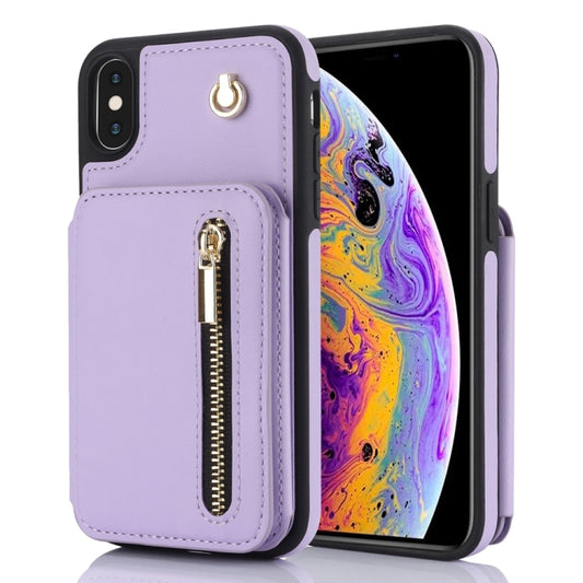 For iPhone XS Max YM006 Skin Feel Zipper Card Bag Phone Case with Dual Lanyard(Light Purple) - More iPhone Cases by buy2fix | Online Shopping UK | buy2fix